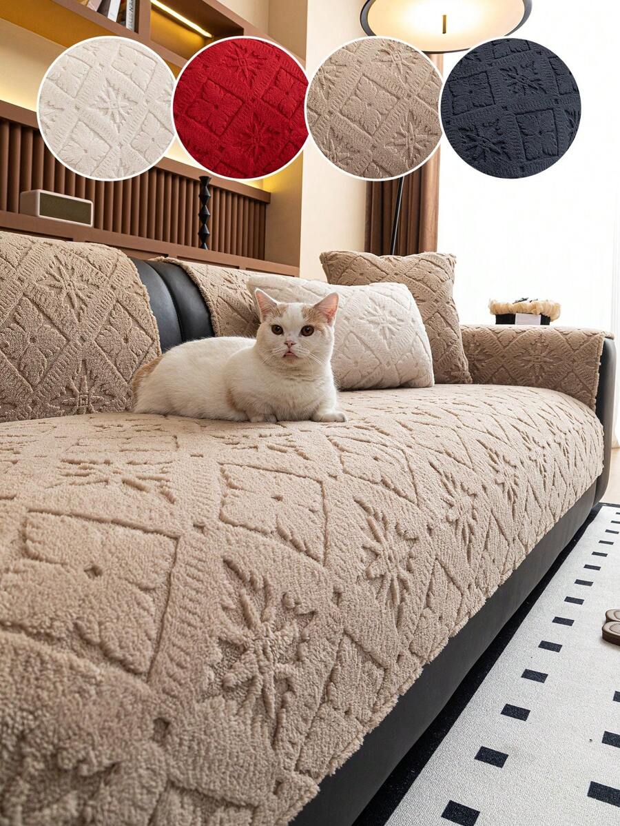 1pc Cream-Colored Plush Sofa Cover, Non-Slip Sofa Pad For Home Use In Autumn/Winter, Pet-Friendly Sofa Protector, Suitable For Bedroom, Living Room, Office, Home Decor