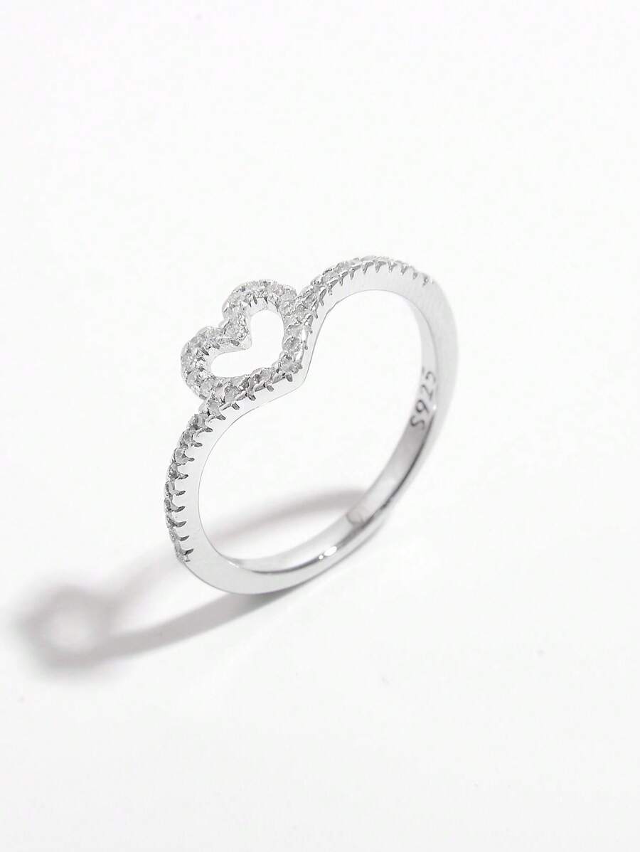 Vaerine 1 pieza Anillo de plata de ley 925 con diseño de corazón hueco romántico y elegante con cubic zirconia, de estilo simple y a la moda, ideal para citas, fiestas y como regalo de San Valentín para mujeres