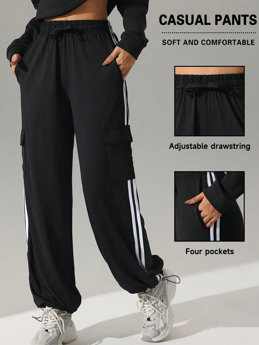 Pantalones deportivos casuales de tiro alto con bolsillos y raya lateral, de corte holgado. Pantalones de yoga con cordón, cintura elástica y puños, apropiados para el uso diario, trotar, hacer ejercicio