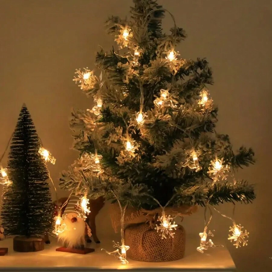 1 set kerstboomverlichting, binnenkerstverlichting in de vorm van sneeuwvlokken en rendieren, op batterijen, geschikt voor Kerstmis, Valentijnsdag, nieuwjaarsfeest en buitendecoratie (batterijen niet inbegrepen)