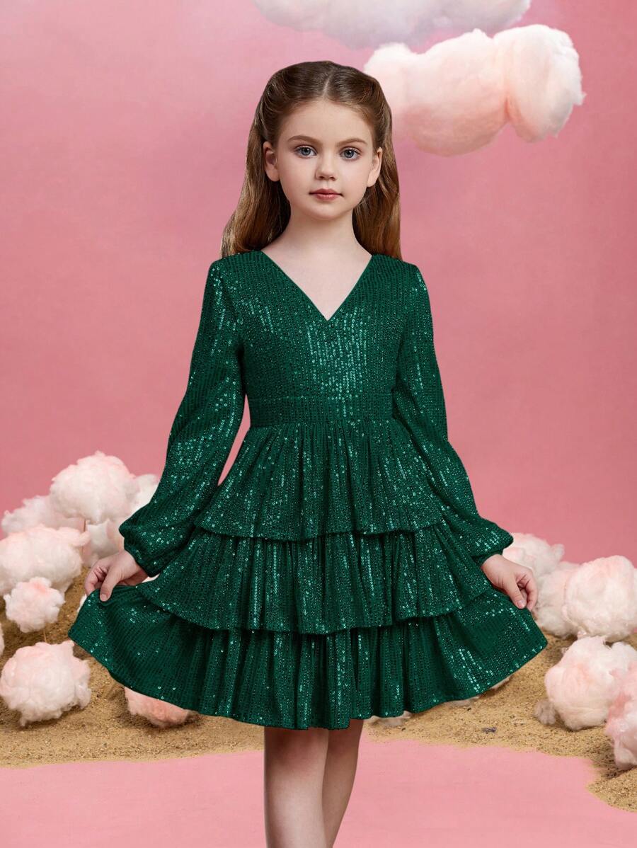 Tween-Mädchen Abendkleid aus Tüll mit Pailletten, V-Ausschnitt, Laternenärmeln und gestufter A-Linie für Galas auf dem roten Teppich, Black-Tie-Hochzeiten, Preisverleihungen und Wohltätigkeitsbälle