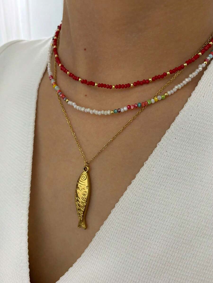 Monlansher 1pc Women's Fashionable Crystal Beaded Necklace With Stainless Steel Spacer Beads And Fish Pendant, Layered Style For Daily Wear