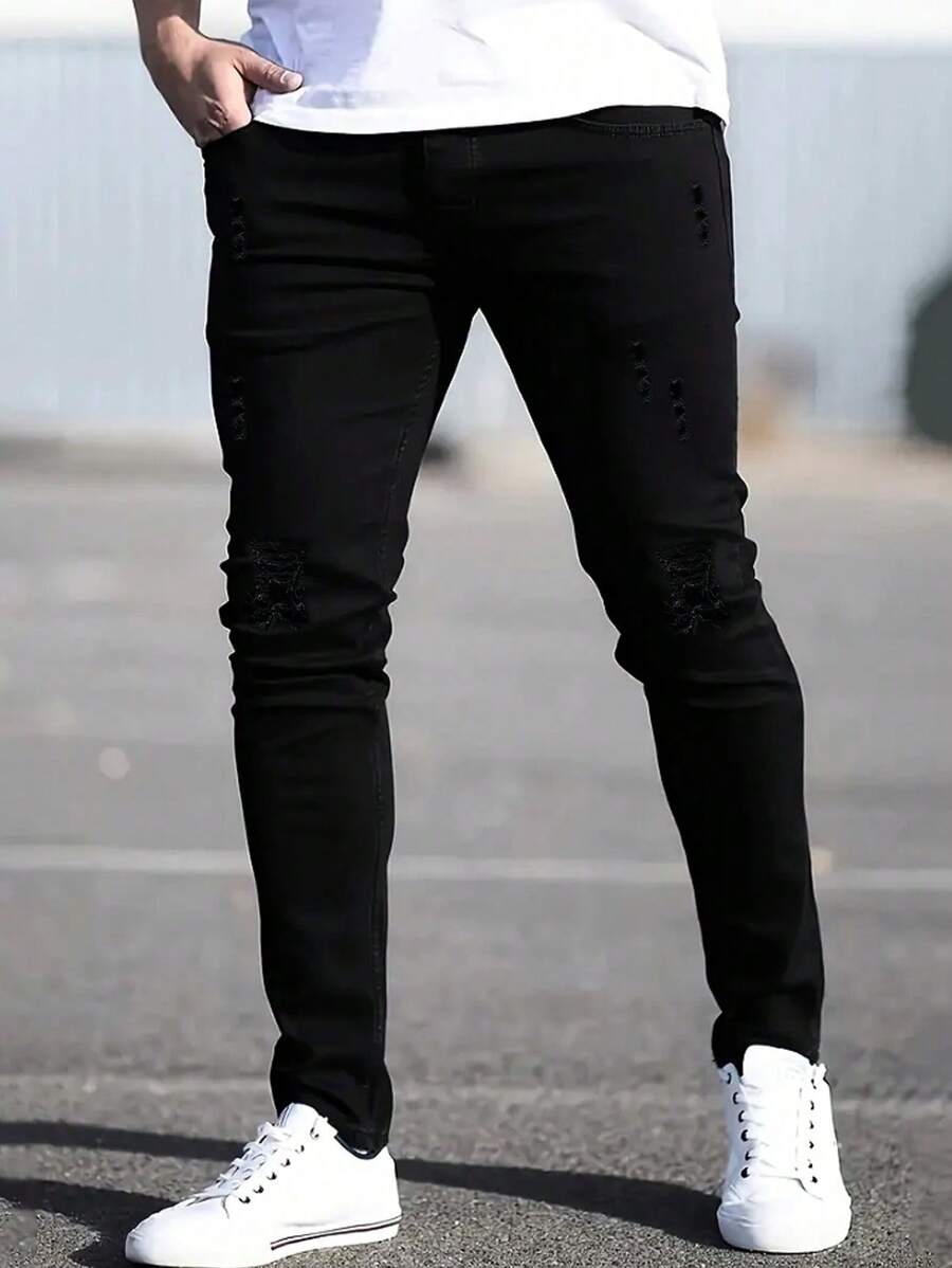 Teen Boy Solid Color Elastic Casual Jeans, Minimalist & Fashionable For Daily Wear