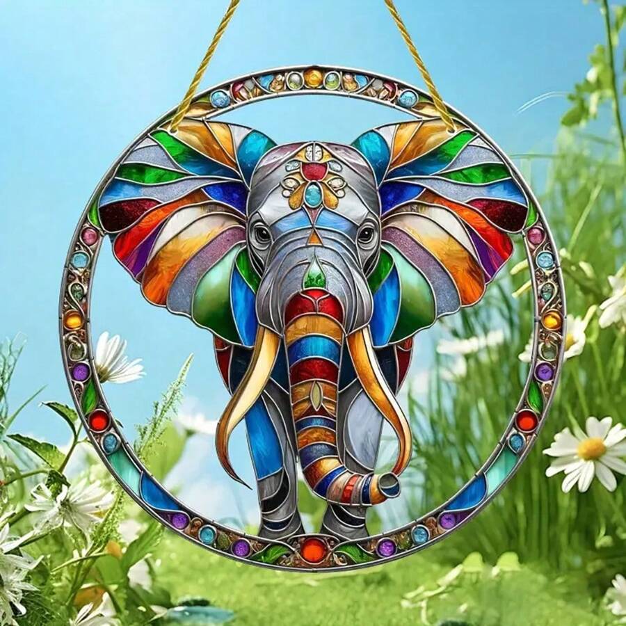 1 Piece, Elephant Decoration, Animal Decoration, Suncatcher, (8 Inches * 8 Inches/20 Centimeters * 20 Centimeters) Wall Decoration, Indoor And Outdoor Art Wall Decoration, Flower Wreath Decoration, Flower Wreath Center, Porch Decoration, Bedroom, Office, Terrace Home Decoration, Holiday Gifts, Window Decoration, Housewarming Gift, Party Decoration