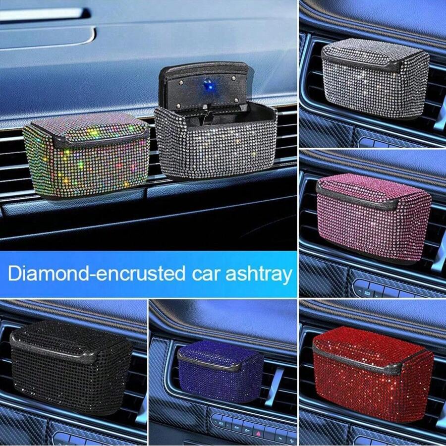 1pc Car Ashtray With Cover, Rhinestone Crystal Decor, Vehicle Air Vent Ashtray With Blue LED Light, Mini Car Trash Bin Smokeless Ashtray