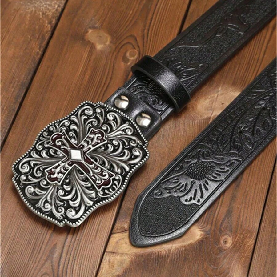 Cinturón vintage de estilo vaquero y occidental para hombre, con hebilla cuadrada grande y lisa de 3.7 cm de ancho con diseño de patrón de cruz