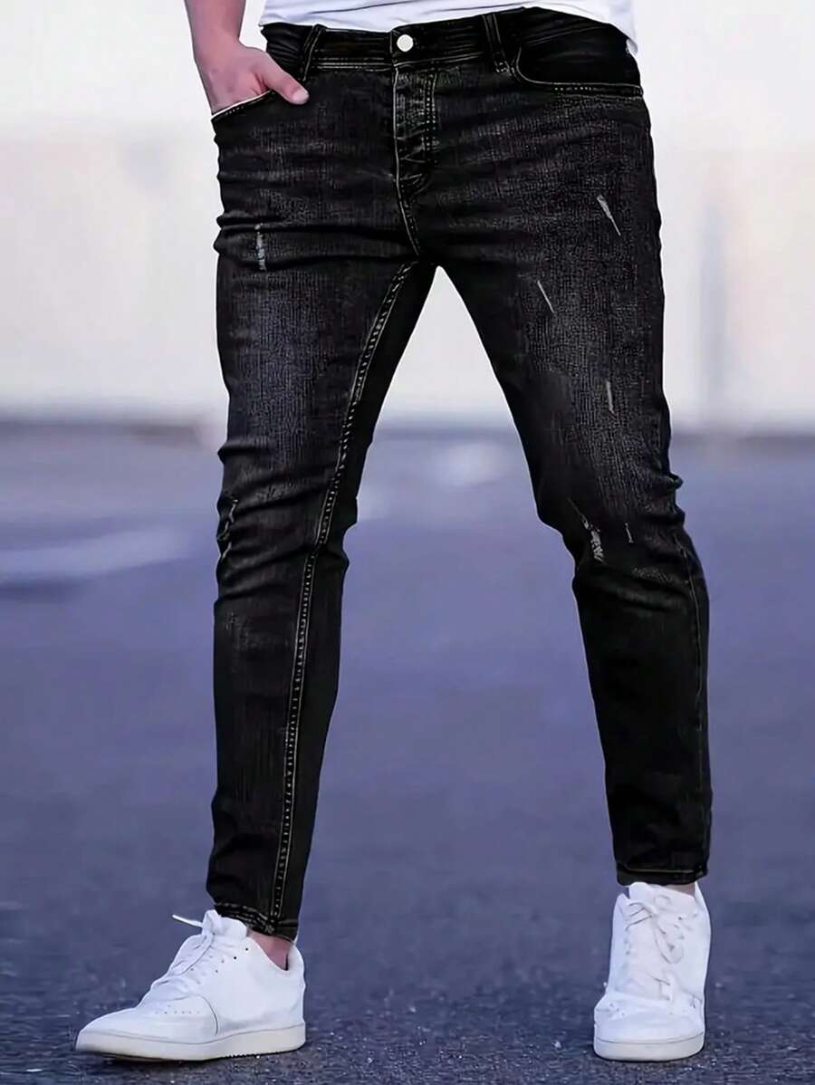 Pantalones vaqueros ajustados de moda con bolsillos y rotos para hombres