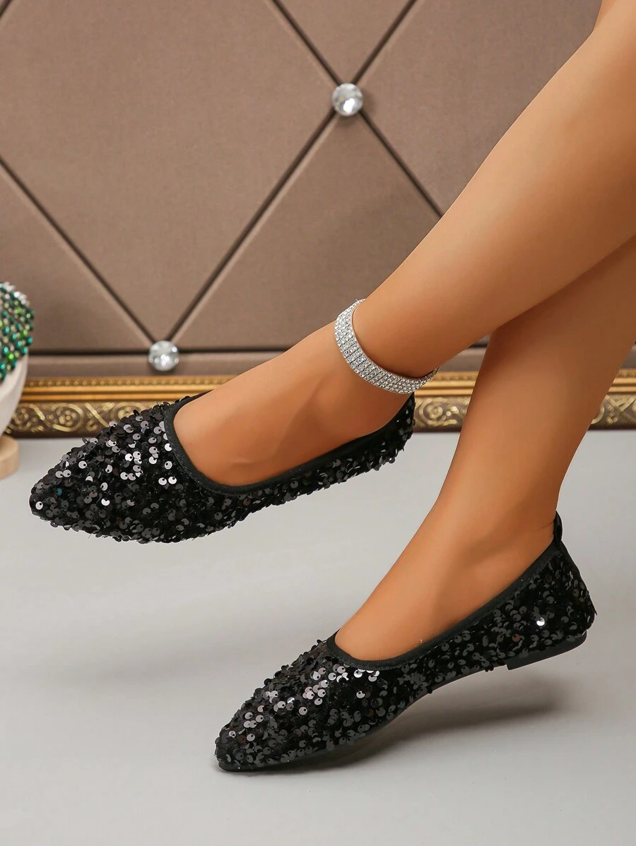 Women's Fashionable Sparkling Black Sequined Pointed Toe Ballet Flats, Elegant Sophisticated Flat Slip-On Shoes For Daily, Work, Party Wear, Comfortable & Lightweight, Spring/Autumn Valentines