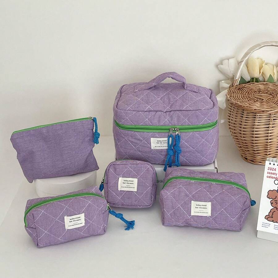 Bolsa de maquillaje a cuadros clásica, estuche para cosméticos con cremallera blanda y estampado de tela, organizador de tocador de viaje de gran capacidad con patrón a cuadros sencillo