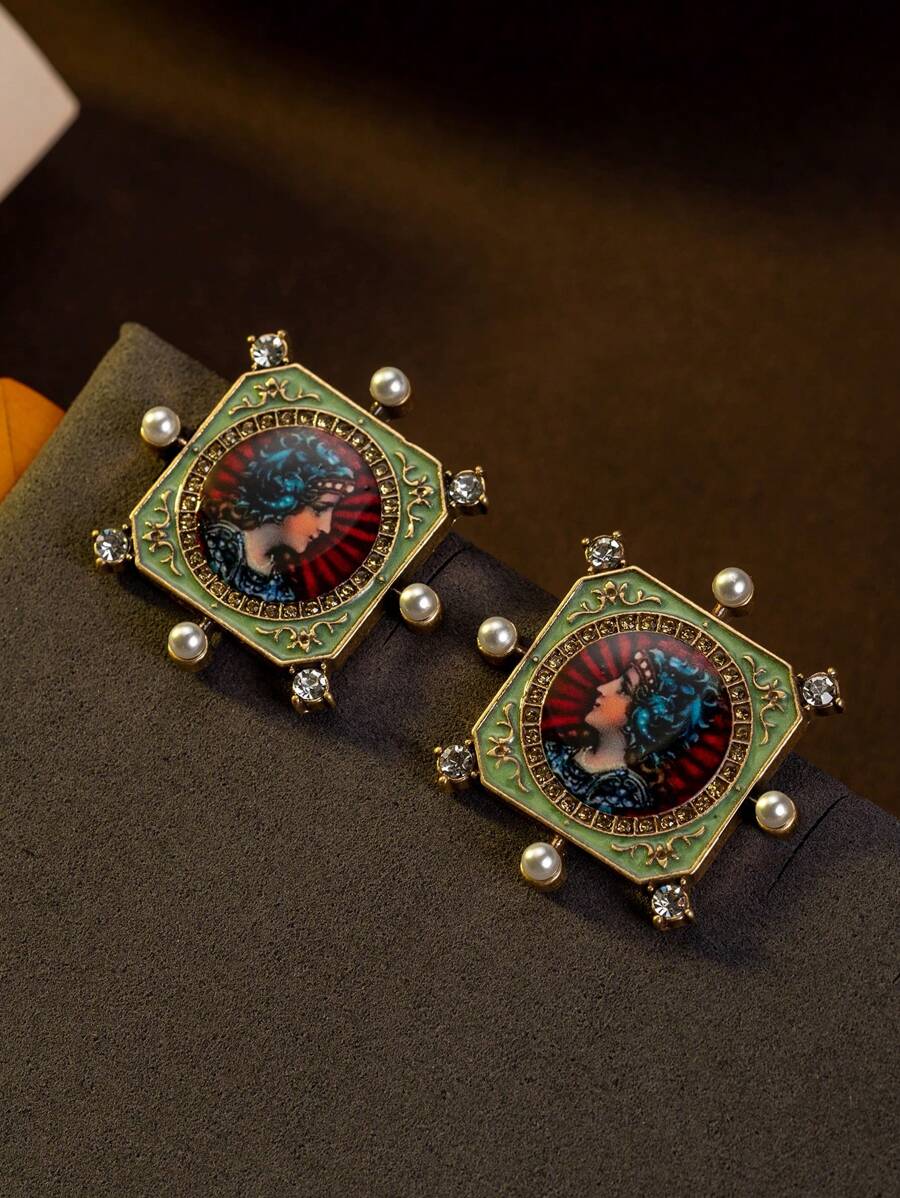 Vintage European Palace Portrait Geometric Square Rhinestone Earrings, Antique Medieval Western Style Eardrop