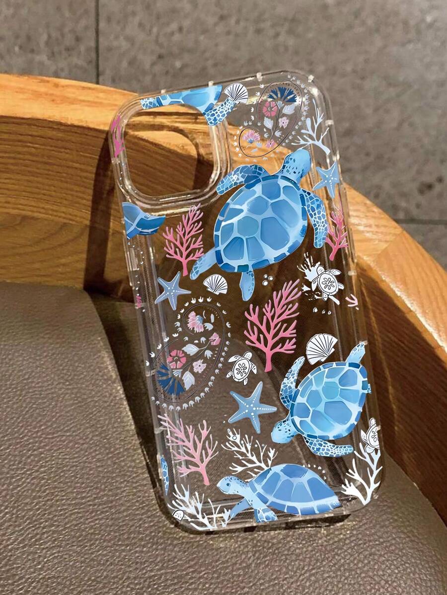 Summer Phone Case 1pc Fashionable Transparent Phone Case With Colorful Painting Of Marine Life Elements Such As Turtles, Coral, Seashells, Shock-Proof TPU Material