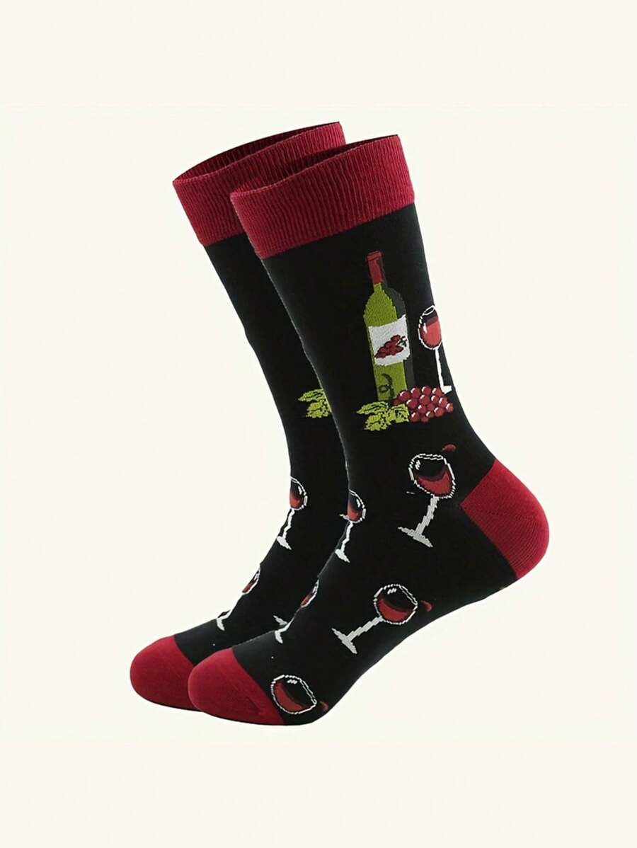 1 par de elegantes calcetines medianos con estampado de vino tinto, cómodos y transpirables, con contrastes de color, calcetines coloridos