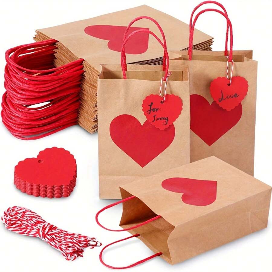 10set, Valentine's Day Gift Bag Heart Kraft Birthday Love Warp Package New Year Mother Day Handle Bag Thanksgiving Day Shopping Bag, Valentine's Day Decor Supplies, Shopping Bag, Party Bag, Wedding Party Gift Bag, Craft Tote Bag, Party Favors,10pcs Bag+10pcs Rope+10pcs Hanging Card Room Decor Bride