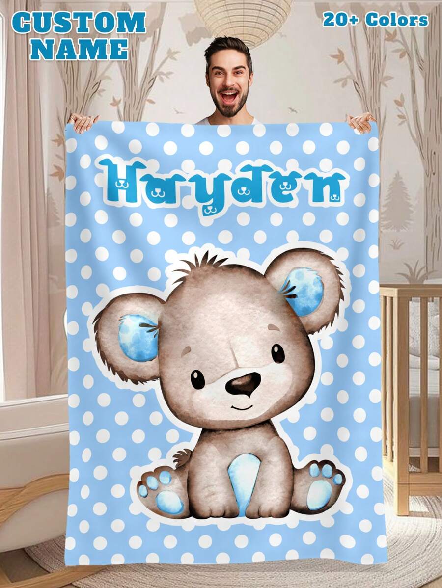 1pc Custom Flannel Name Blanket For Bed,Personalized Gift, Good Christmas Gifts,Personalized Blankets,Bedding Blanket,Gifts For Kids,Teddy Bear Doll Pattern Custom Name Blanket, Personalized Blanket With Kids Name