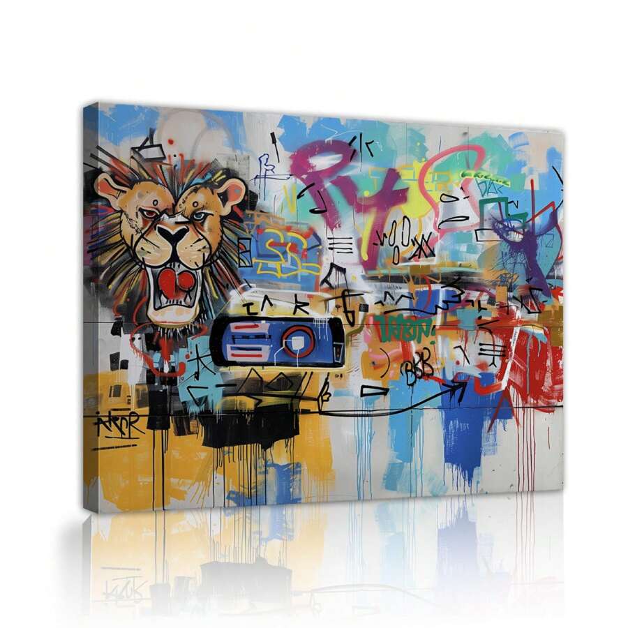 1PC Graffiti Lion Decor Wall Art Funny Wildlife Pictures Wall Decor Pop Street Canvas Print Painting Artwork Cool Modern Home Decorations For Bathroom Living Room Office Framed