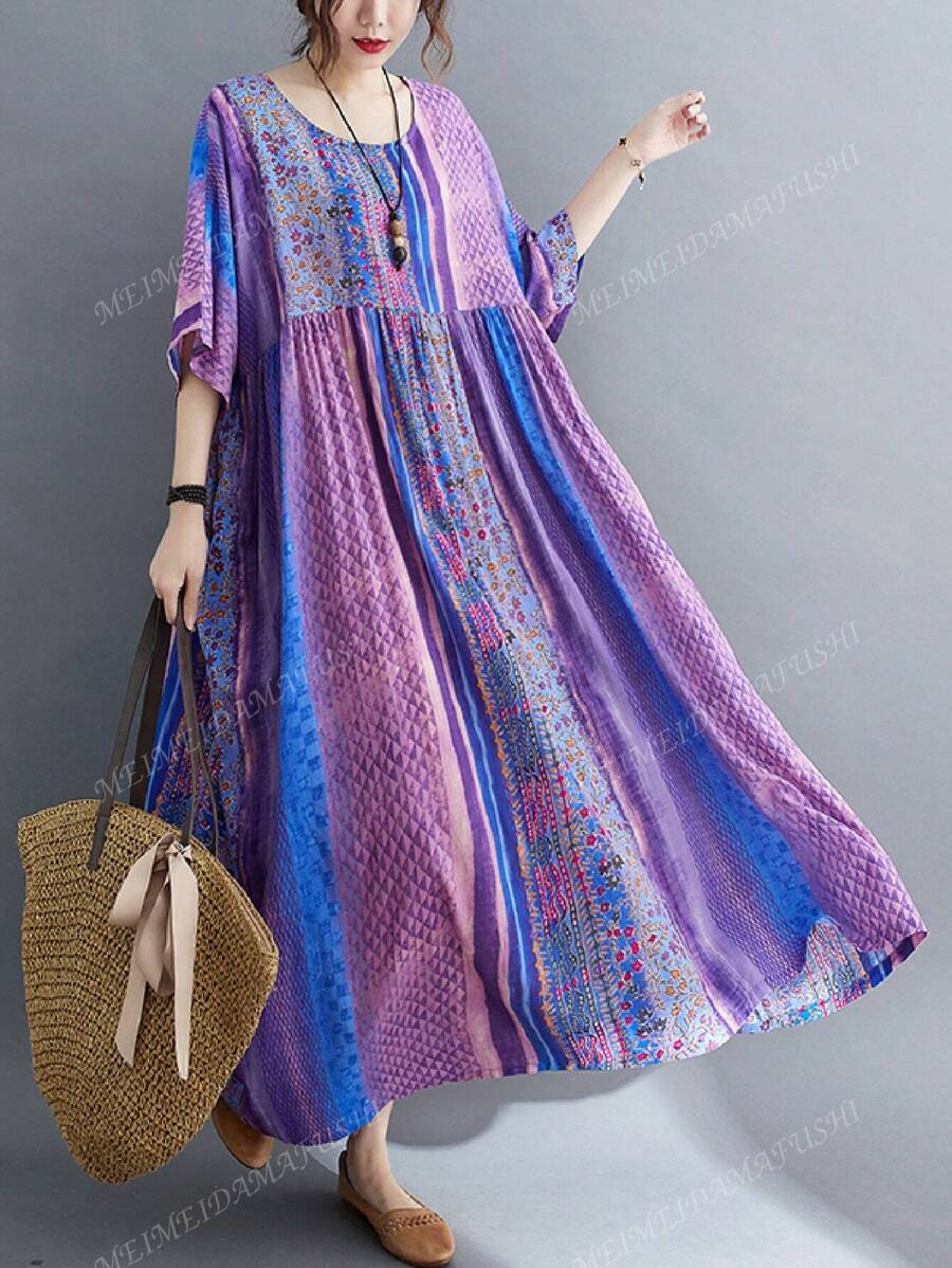 Plus Size Light Dress,2025 Summer Elegant Women's Dress, Plus-Size Women's Dress, Traditional Dress, Purple Striped Print Sleeved Round Neck Swing Dress, Summer Casual Holiday Style Everyday Wear,