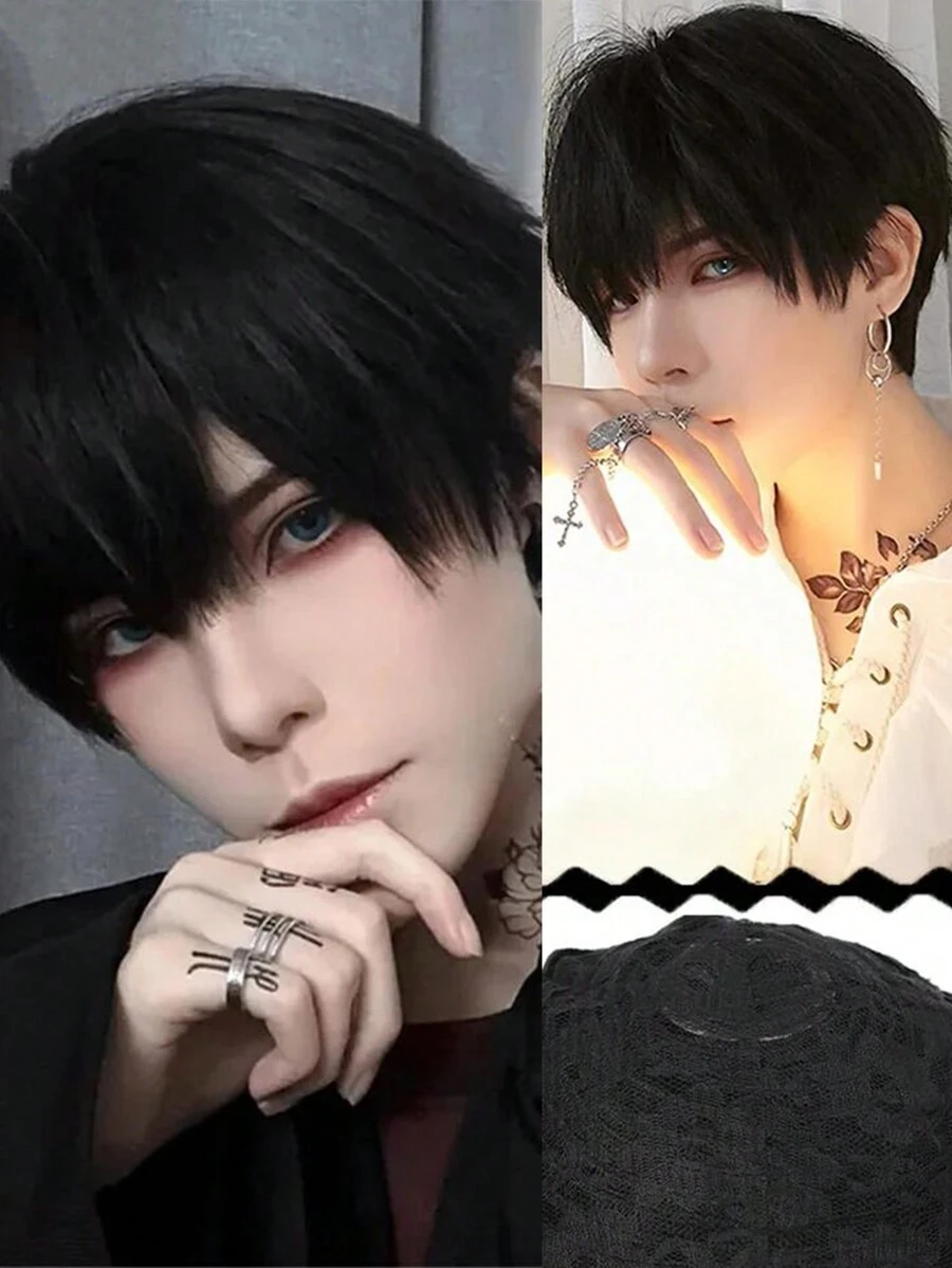 Krótki syntetyczny męski oddychający peruka chłopięcy krótki prosty cosplay męski impreza czarny żaroodporny syntetyczny peruka z włosów