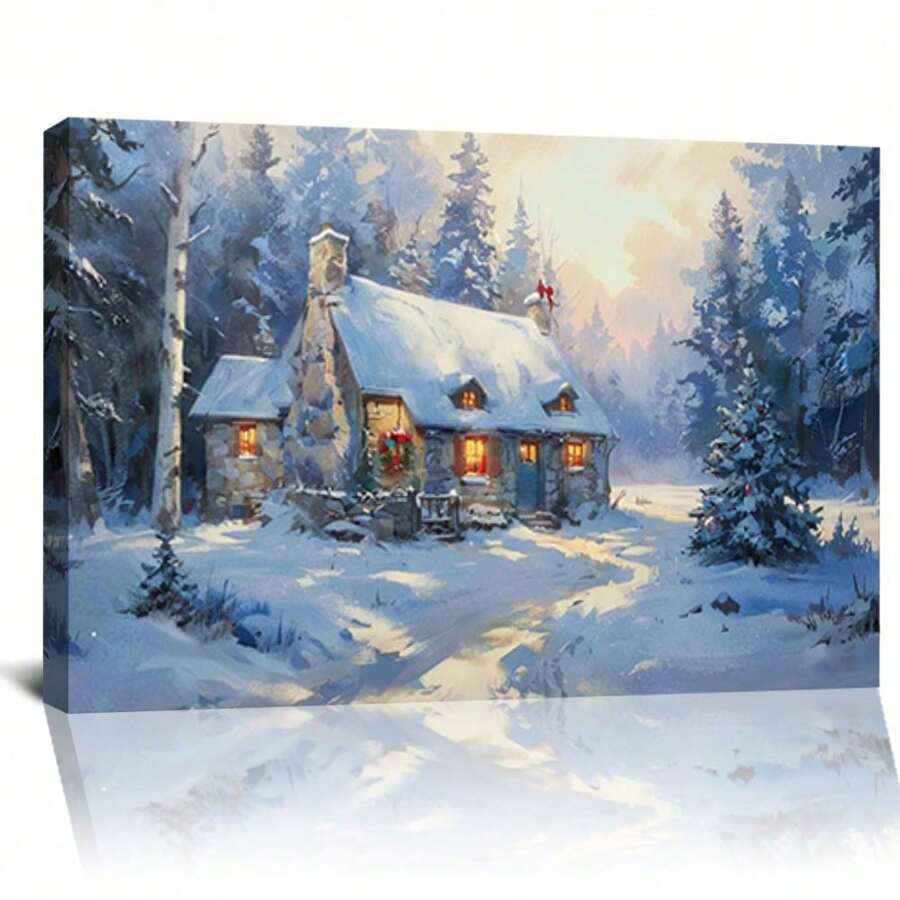 Winter Snow Scene Canvas Wall Art Winter Snow Covered House Wall Art Poster Christmas Wall Decor Winter Country Wood House Painting Poster Winter Home Decor Wall Art Living Room Bedroom Apartment