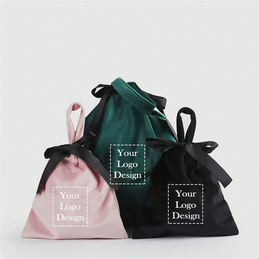 10/20/30 pièces Sac à cordon de velours avec logo personnalisé, sac de cosmétiques de voyage pour femmes, sac pour téléphone, bijoux, petit sac en tissu, sac à poussière pour lingerie. Pochette cadeau de mariage personnalisée privée