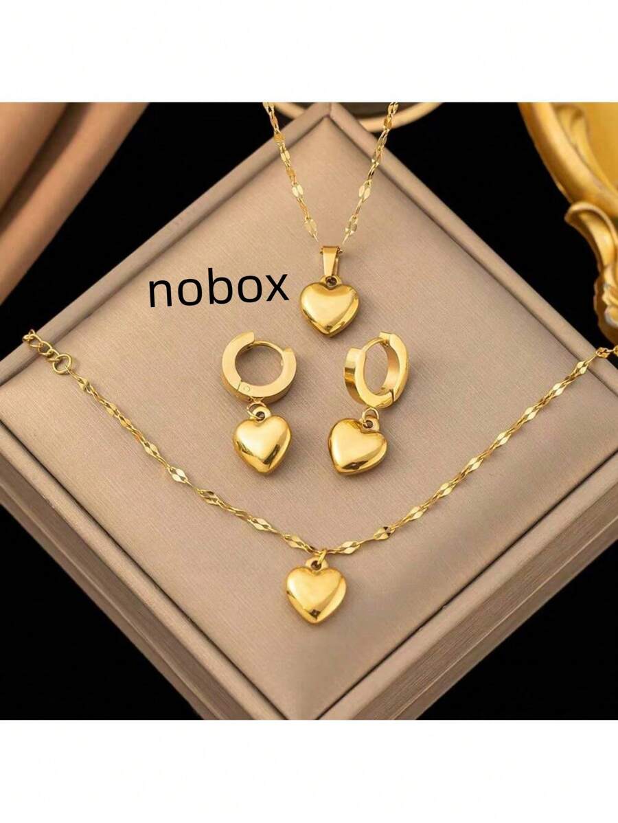 4 pièces/Set Bijoux Rétro Romantique à la Française, Élégant et Créatif, en Acier Inoxydable, Comprenant un Collier en Forme de Cœur 3D Plaqué Or 18 Carats, un Bracelet, des Boucles d'Oreilles et des Accessoires en Acier au Titane. Cet ensemble polyvalent convient pour un usage quotidien, le travail, la rue, les fêtes et les occasions festives. Un choix de cadeau parfait pour les femmes. Saint-Valentin, Maman, Mère, Fête des Mères, Cadeau
