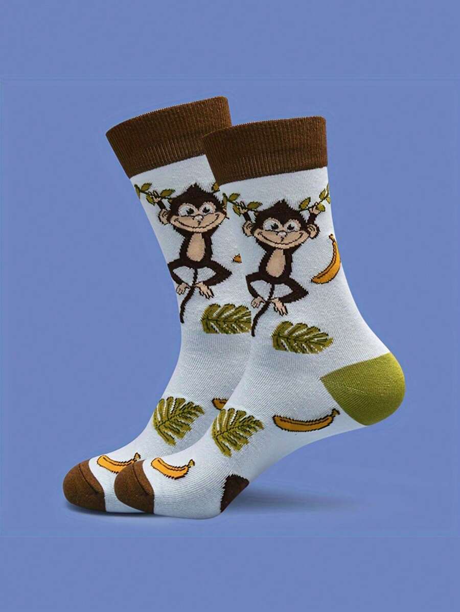 1 Pair Of Cartoon Cute Banana Monkey Print Mid-Tube Socks Comfortable Breathable Contrast Stockings Colorful Socks