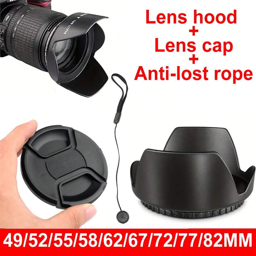 Tulip Flower Lens Hood Set+ Lens Cap + Anti-Lost Rope For Canon, Nikon, Cameras - 49MM/52MM/55MM/58MM/62MM/67MM/72MM/77MM/82MM Compatible - Protective Lens Cap