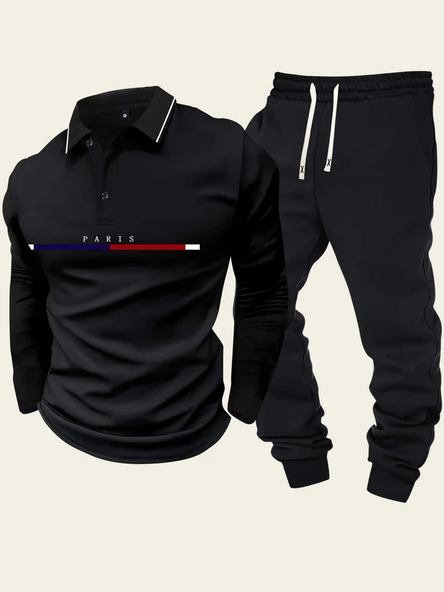 Conjunto de 2 piezas para hombre compuesto por una camisa tipo polo de manga larga con estampado de París y rayas de color, a conjunto con pantalones jogger, conjunto de chándal informal para primavera y otoño.