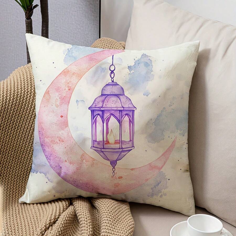 1 szt. Ramadanowa dekoracyjna poszewka na poduszkę, 18 X 18 cali akwarelowy księżycowy lampion 2D, miękka pluszowa tkanina poliestrowa, zmywalny zamek błyskawiczny, do sypialni, salonu, wystrój domu, świąteczna atmosfera (bez wkładu do poduszki)