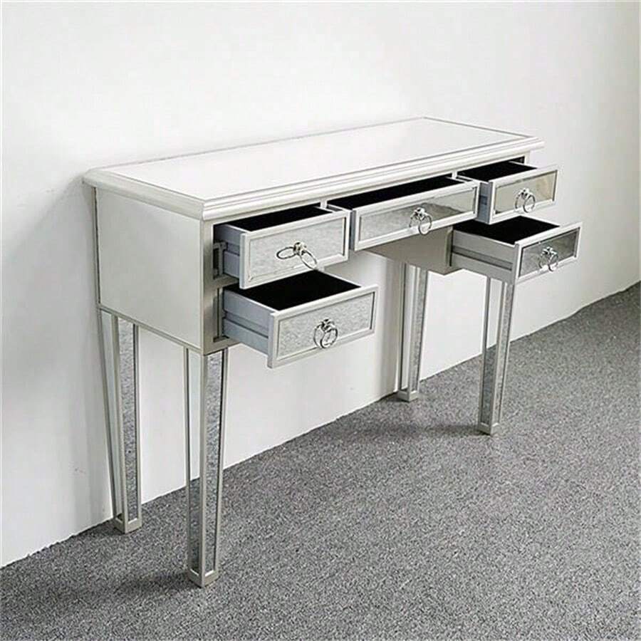 Mesa de tocador de estilo europeo de lujo ligero con cinco cajones y gabinete de almacenamiento, mesa de tocador simple de vidrio blanco