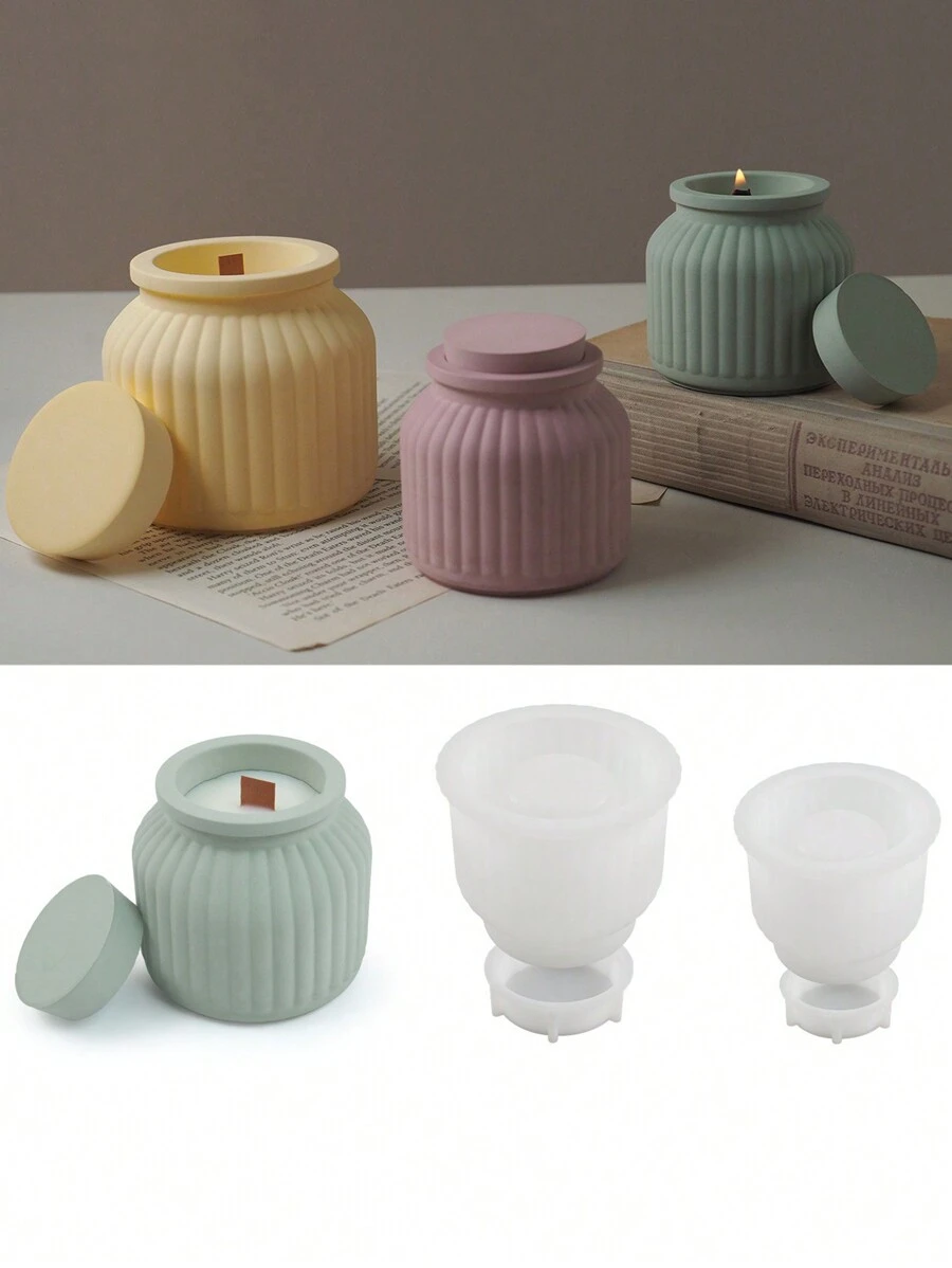 DIY Striped Scented Candle Cup Silicone Mold With Cover Storage Box, Resin Casting Mold, Concrete Plaster Molding