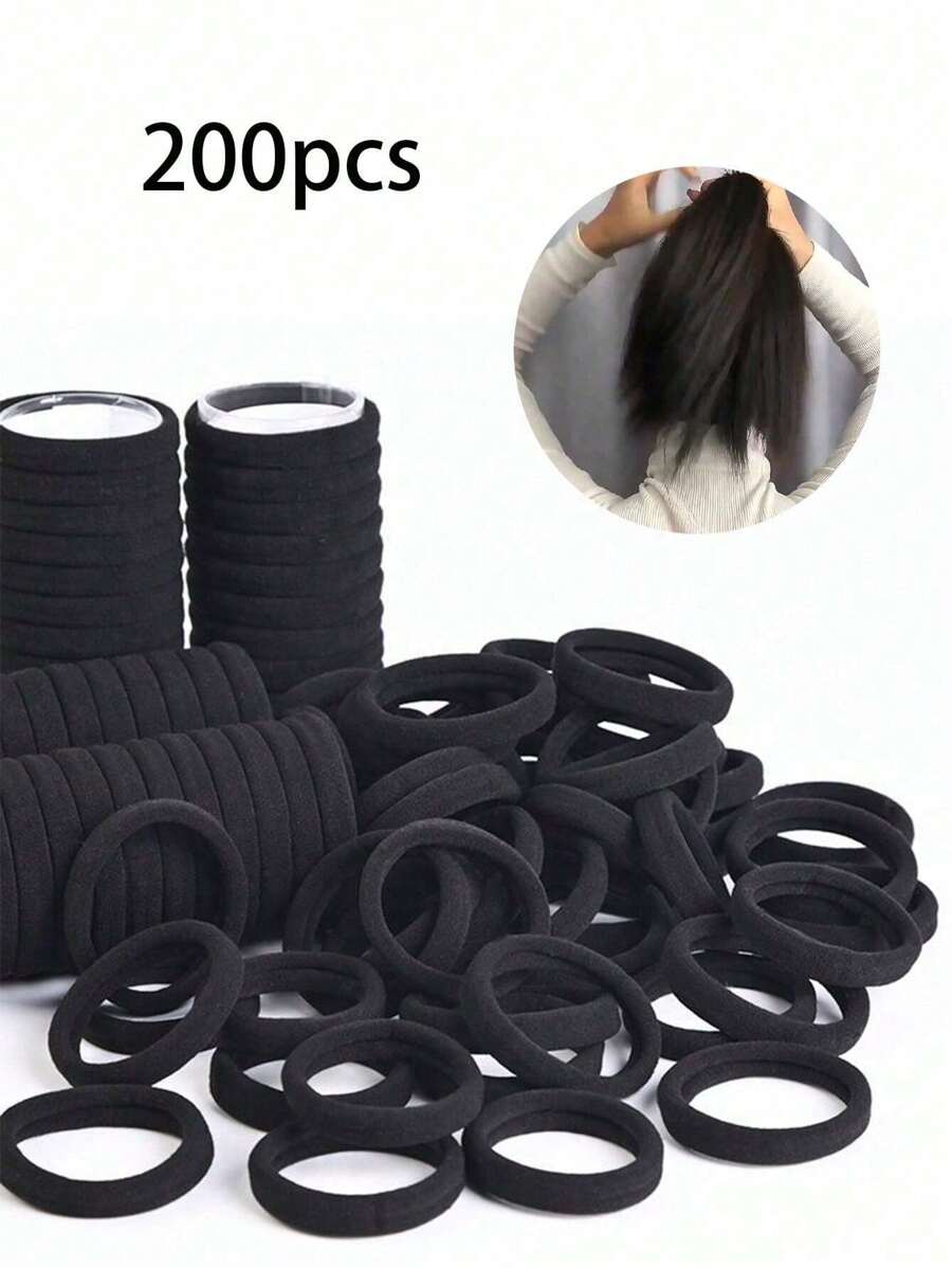200 bucăți/Set de bentite elastice negre pentru femei, uz zilnic simplu și durabil, suport gros pentru coadă de cal, elegant și elegant, accesorii de păr cu elasticitate ridicată, fără sudură