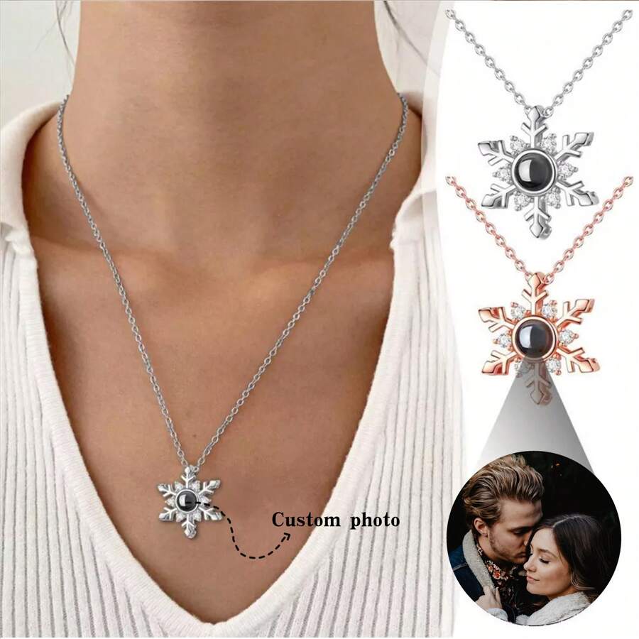Projection Necklace Custom Photo Necklace Christmas Snowflake Necklace Girlfriend's Mother Christmas Gift