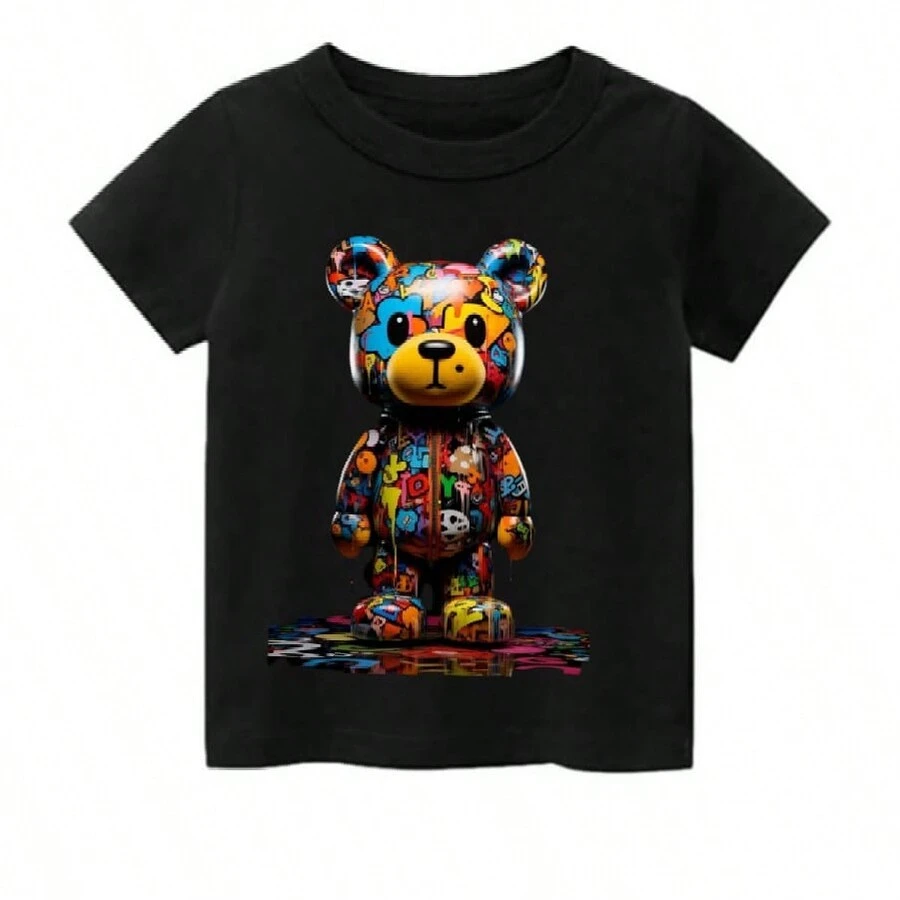 Camiseta Preta Com Estampa Com Urso Quebra Cabeça Colorido