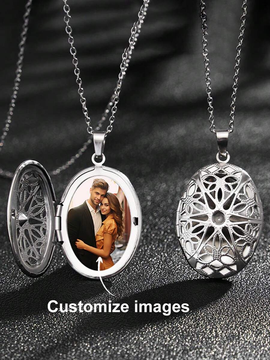 Collar con colgante locket ovalado hueco de acero inoxidable creativo DIY para mujeres, collar con colgante ovalado hueco vintage con diseño floral