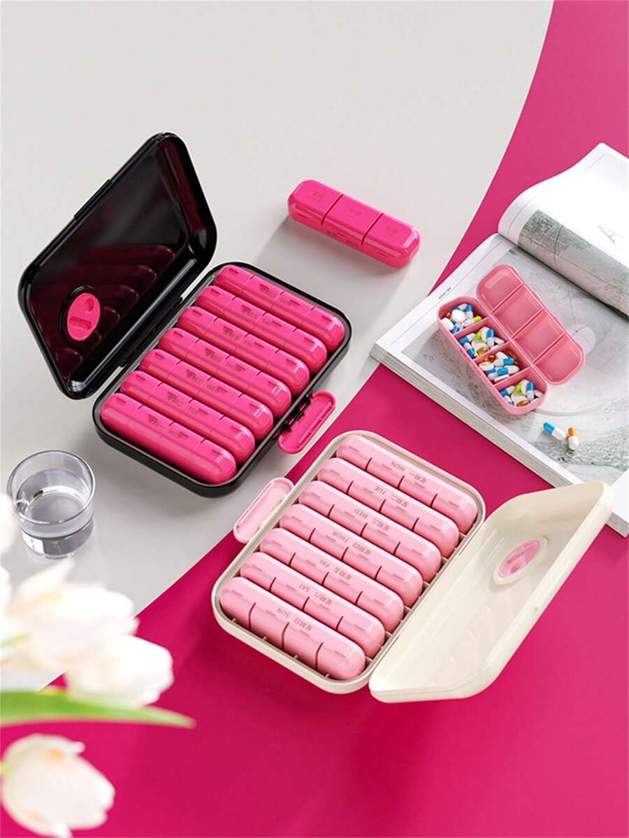 1pc Portable 7-Day Pill Organizer Box, Large Capacity Pill Divider With Alarm Reminder, Moistureproof Storage