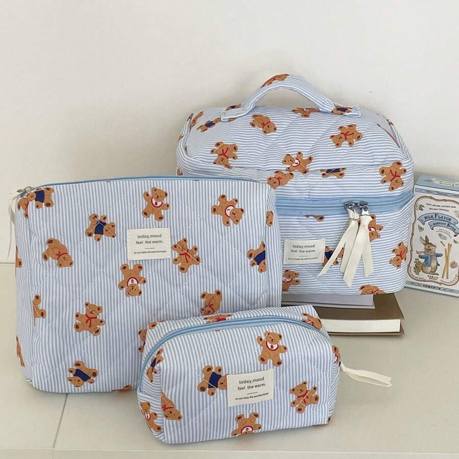 Set de 3 bolsas de maquillaje acolchadas, bolsa de cosméticos de seda con cinta de moño, gran bolso de flores para mujeres, bolsa de maquillaje de algodón con flores, bolsa de aseo de viaje