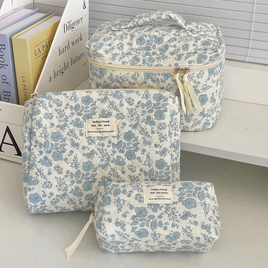3 pièces Sac de maquillage capitonné, grand sac de maquillage à fleurs avec ruban de soie pour femmes, ensemble de sacs de maquillage en coton avec nœud, sac de toilette de voyage à fleurs