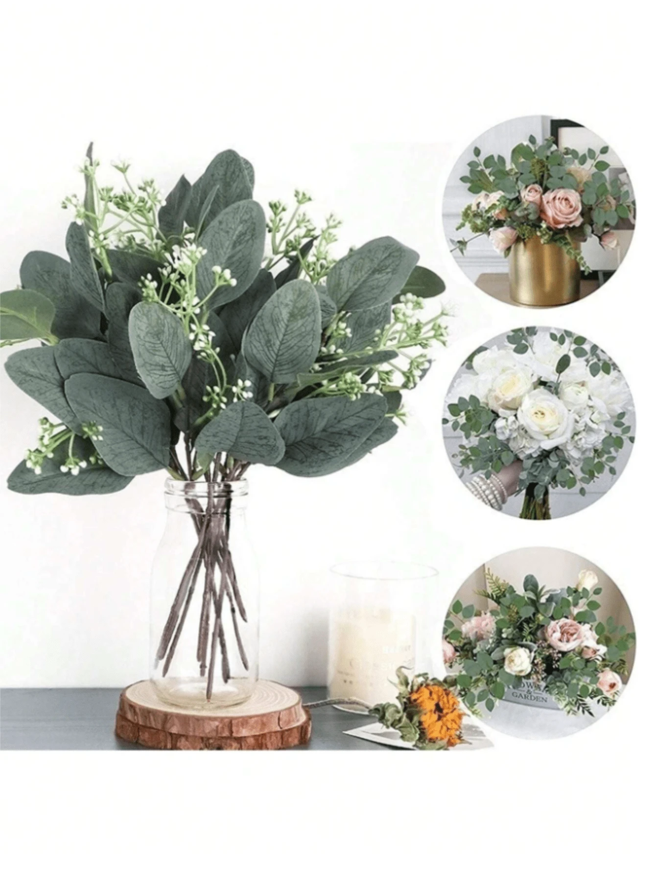 10 pièces Ensemble de plantes artificielles d'eucalyptus et de fleurs de bébé, plantes antioxydantes factices pour la décoration de la maison, du restaurant, de la cuisine, de la chambre, convenant pour Noël et Thanksgiving