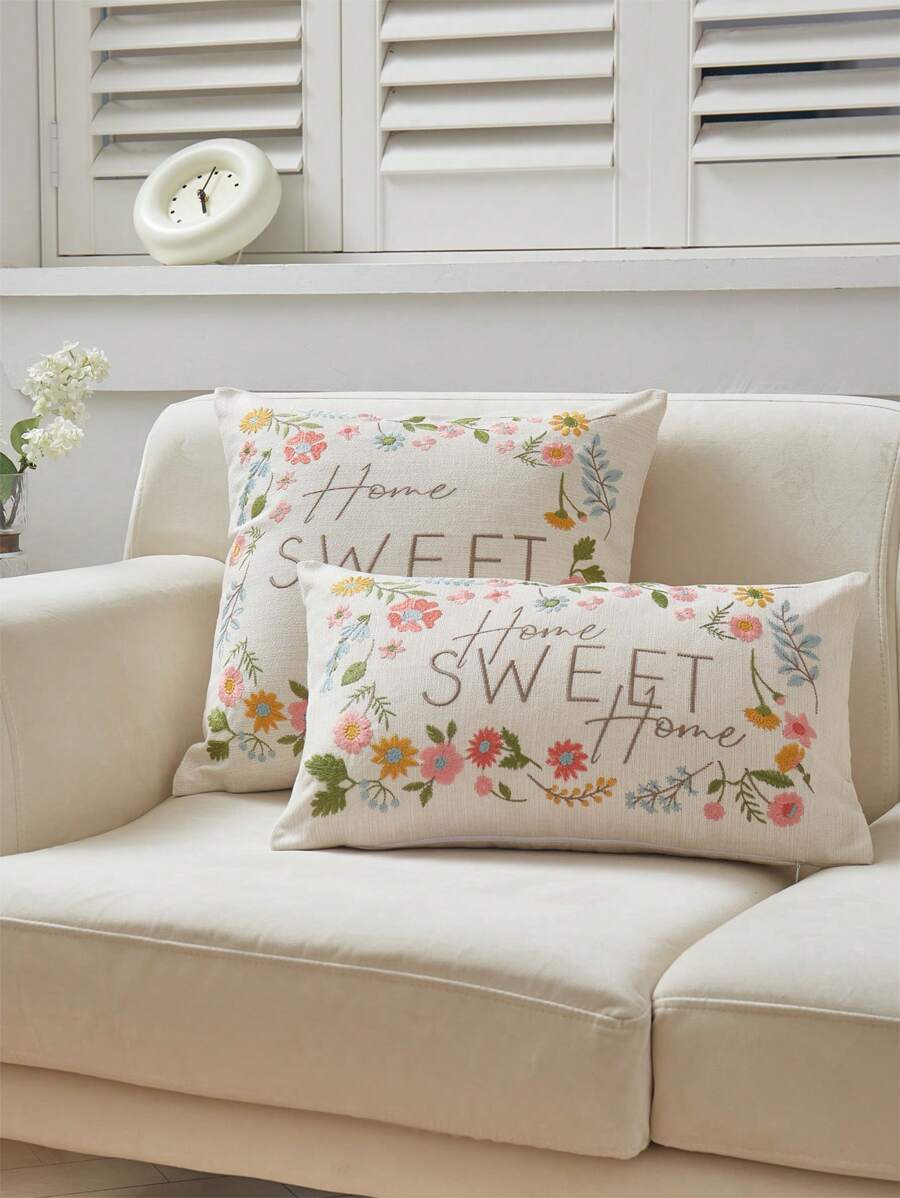 Funda de almohada con bordado de flores de lino de imitación Beige, 1 pieza, perfecta para cualquier decoración de temporada