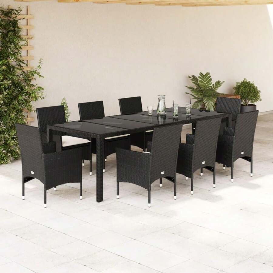Ensemble de salle à manger de jardin en rotin noir avec 9 pièces et coussins, mobilier d'extérieur