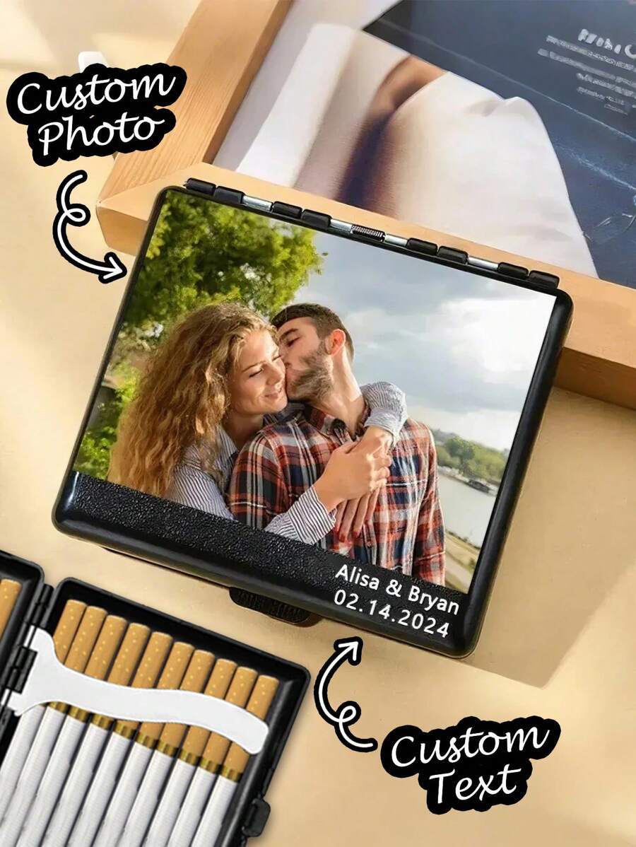 1 st gepersonaliseerde foto sigarettenkoker, 20 sleuven, gepersonaliseerde sigarettendoos, gegraveerde foto en tekst, verjaardagscadeau, jubileum, Valentijnsdag, Vaderdag, Moederdag, cadeau voor hem/haar, roestvrij staal, vintage, kleurrijk, schattig, minimalistisch, mode, herfst, unisex, retro, casual, mode uit de jaren 2000, punk op maat, uniek, gepersonaliseerd cadeau voor vriend/vriendin