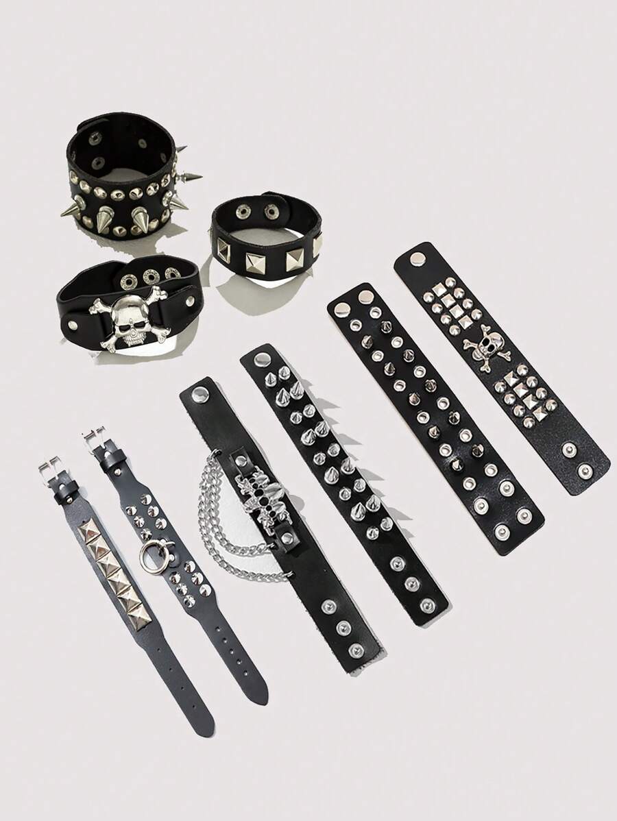 1 pieza Brazalete de PU con calavera y remaches de estilo punk, brazalete unisex gótico exagerado con remaches, brazalete de pareja de estilo rock, versátil para el uso diario de moda vintage