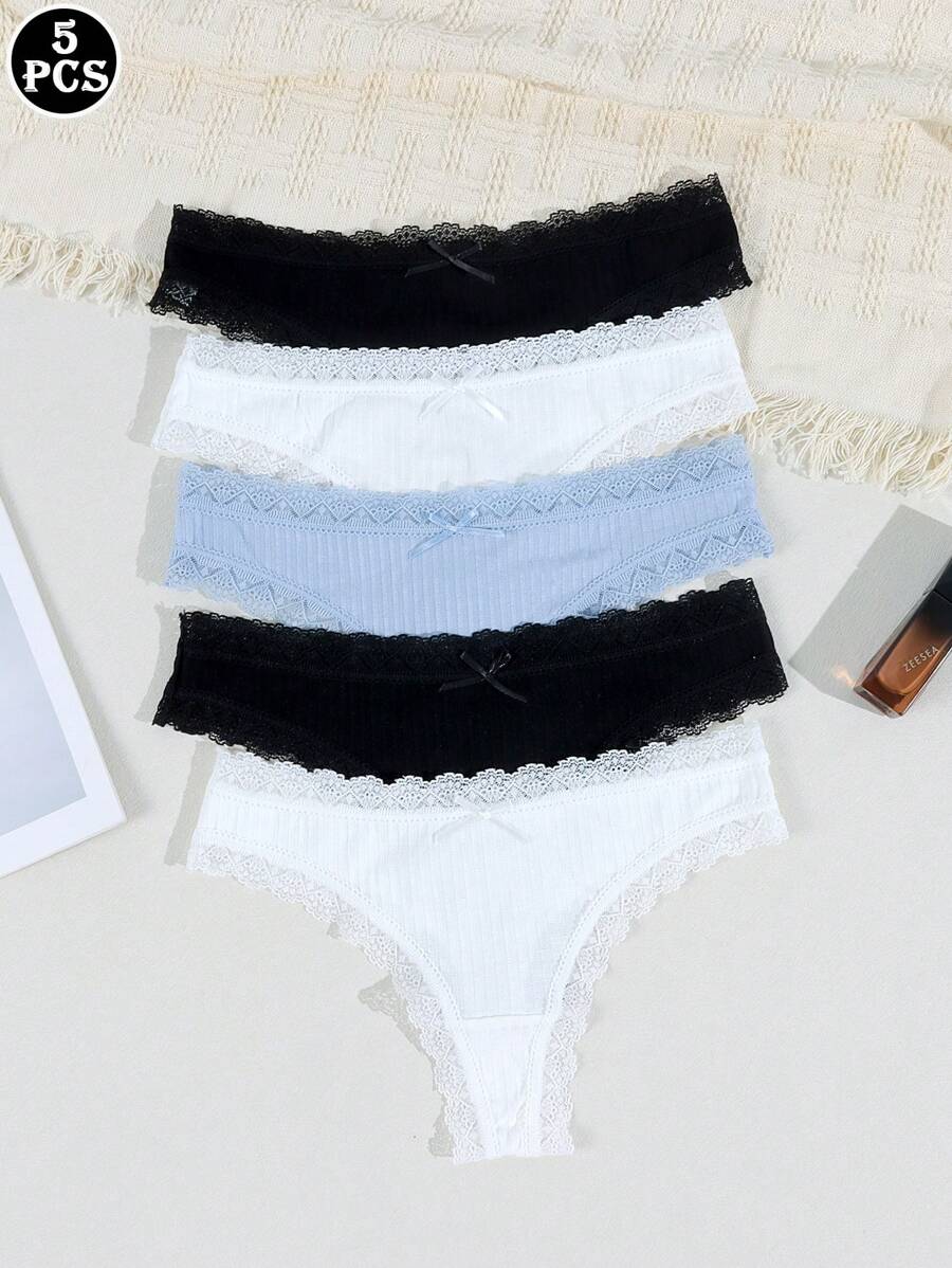 Set de 5 piezas de bragas de encaje sexy, con entrepierna de malla transpirable y ligera tipo tanga para mujeres