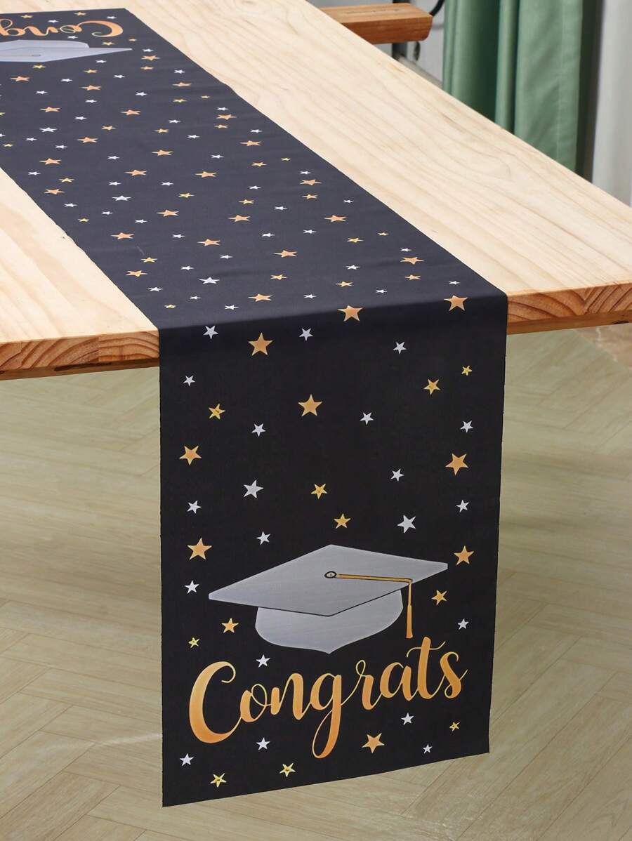 1pc Graduation 2025 Party Decorations Table Runners, Black Grey Hat Pattern, Polyester Table Runner Tablecloth Table Cover, Graduation Party 2025 Dining Room Table Decor, Home Decor, Black Gold Table Ornaments, Graduation Party Supplies, Graduation Theme Table Runner For Party Favors