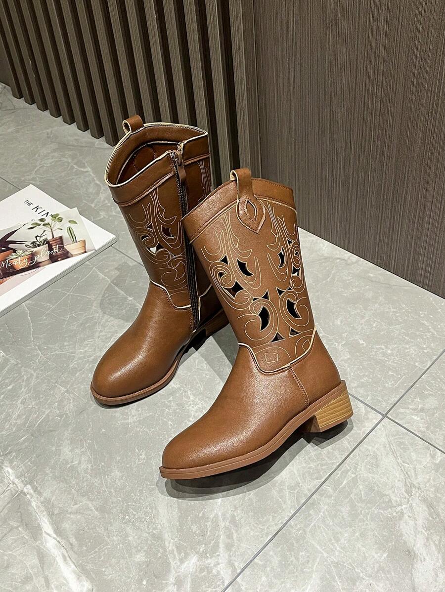 Stivali western da cowgirl ricamati con taglio laser per bambine, nuova moda stivali da equitazione di media altezza in stile vintage unisex per bambini, versatili