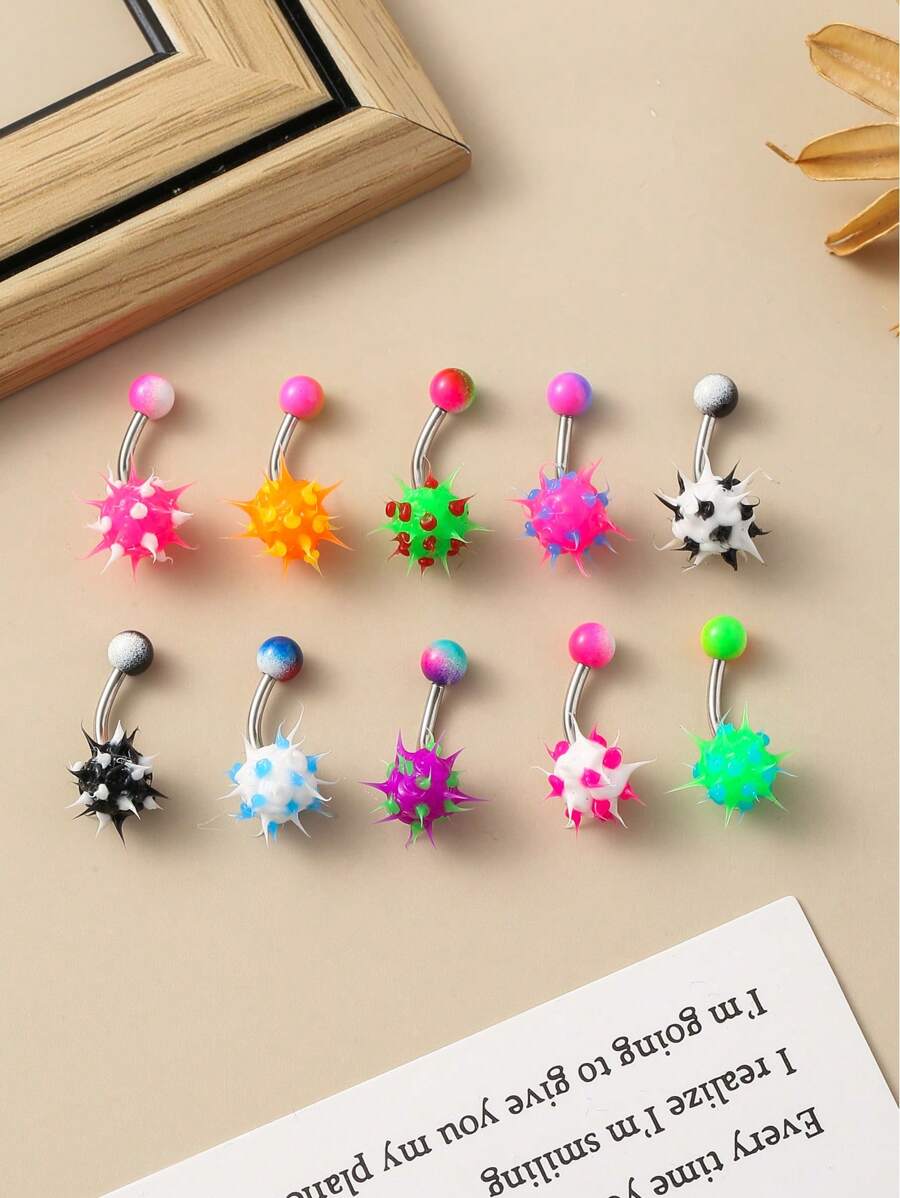 10pcs Rainbow Silicone Pom Pom Hypoallergenic Stainless Steel Belly Button Rings, Hot Sellers, Dopamine Colors, Unisex Punk Jewelry Suitable For Lesbians, Daily Wear