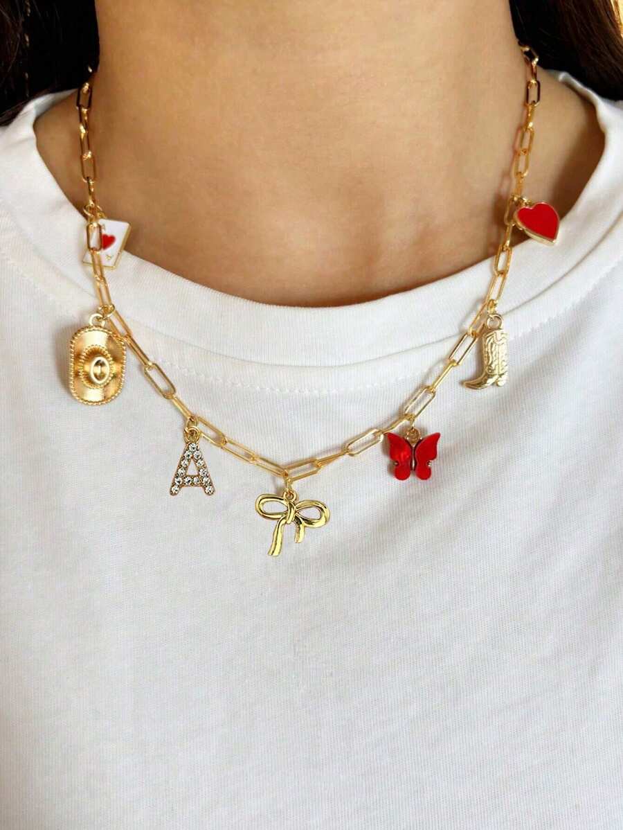 1 pieza Colgante de collar con letras, moños, corazones, mariposas y botas encantadores para mujeres, adecuado para uso diario, citas, fiestas, festivales de música como regalo del Día de la Madre
