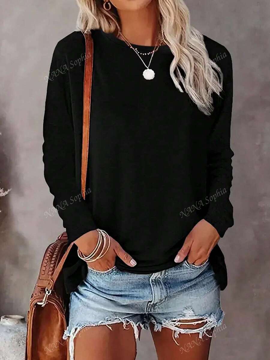 Maglietta casual a maniche lunghe da donna, Maglietta girocollo tinta unita, lavorazione raffinata con fodera del colletto, adatta per primavera e autunno
