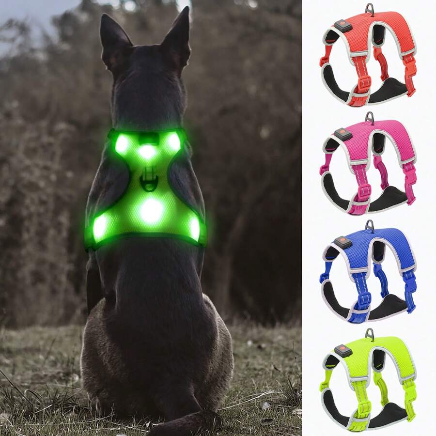 Light Up LED Dog Harness, No Pull LED Dog Harness Rechargeable LED Dog Vest Glow In The Dark Lighted Dog Walking & Camping Harness For Small Medium Large Dogs