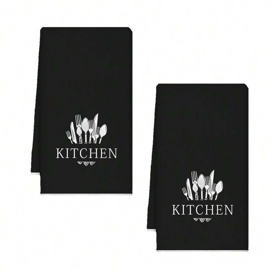 2/4 pièces Serviettes de cuisine super absorbantes en microfibre - motif cuillère et fourchette, idéales pour le séchage de la vaisselle et des mains, la décoration des fêtes et l'usage quotidien